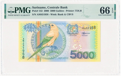 Surinam 5000 Gulden 2000 PMG 66